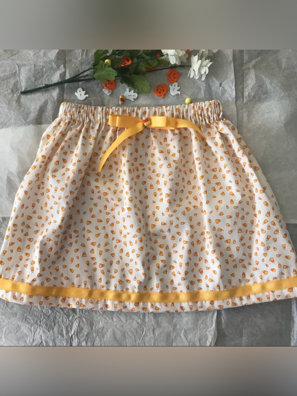 Candy Corn Print Skirt with Yellow Ribbon